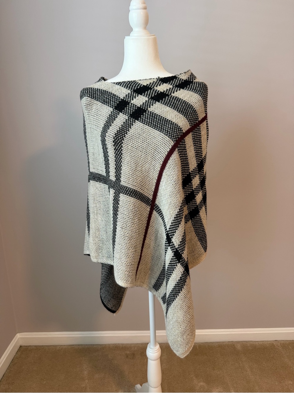 blue island Plaid Knit Poncho in Cream, Black and Burgundy Stripe